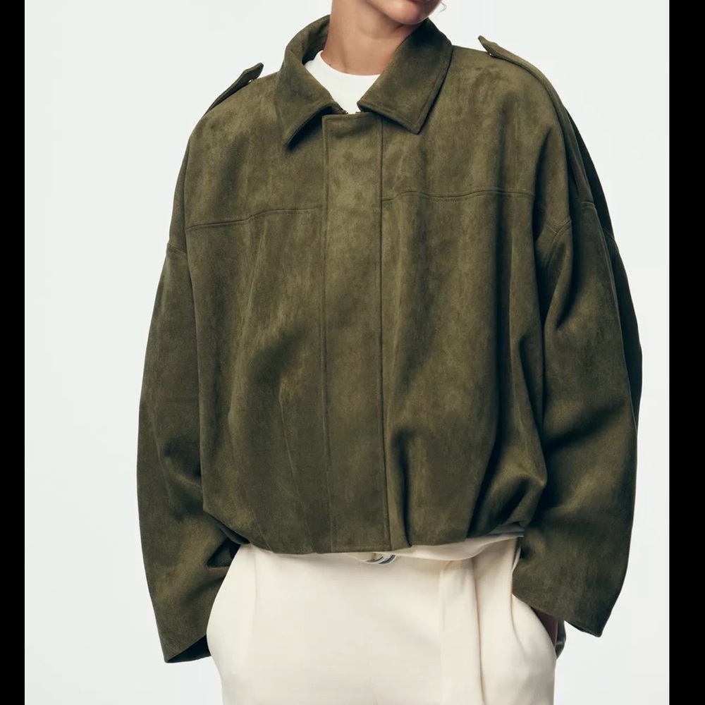 Zara Olive Green Suede Bomber Jacket